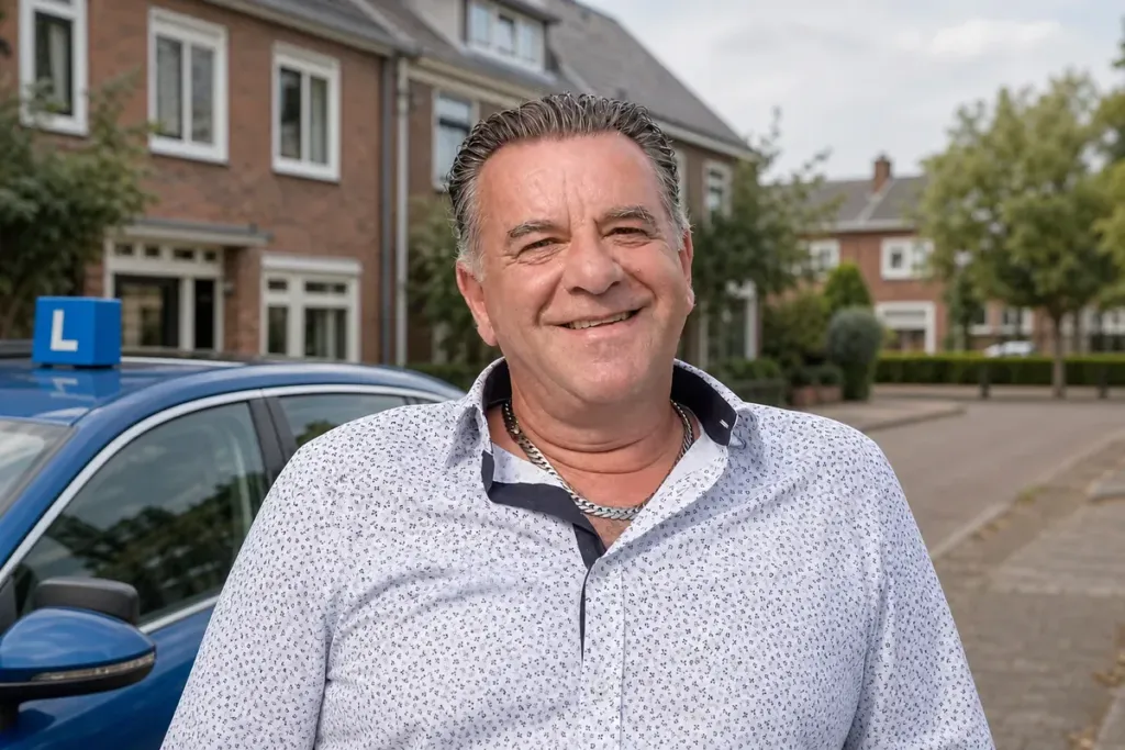 Fons Goedhart, rijinstructeur in Alkmaar en omgeving, bij de blauwe lesauto met het L-bord